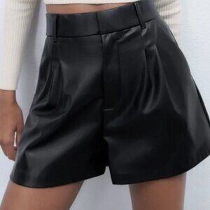 Black Leather Pleated Shorts
